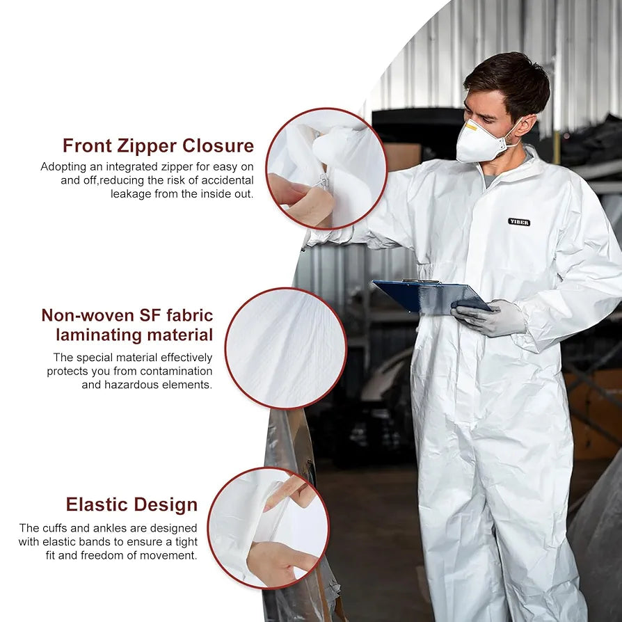 Hazmat Suit Disposable Coverall | Heavy Duty Full Body Painters Suit in 7 Sizes with Multiple Specifications for Men & Women Without Hood - Breathable & Water Resistant - Small, White, 1